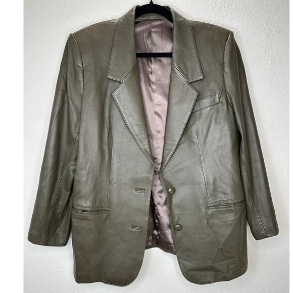 Faux Leather Green Brown Collared Front Button Blazer Jacket XL - Picture 2 of 16